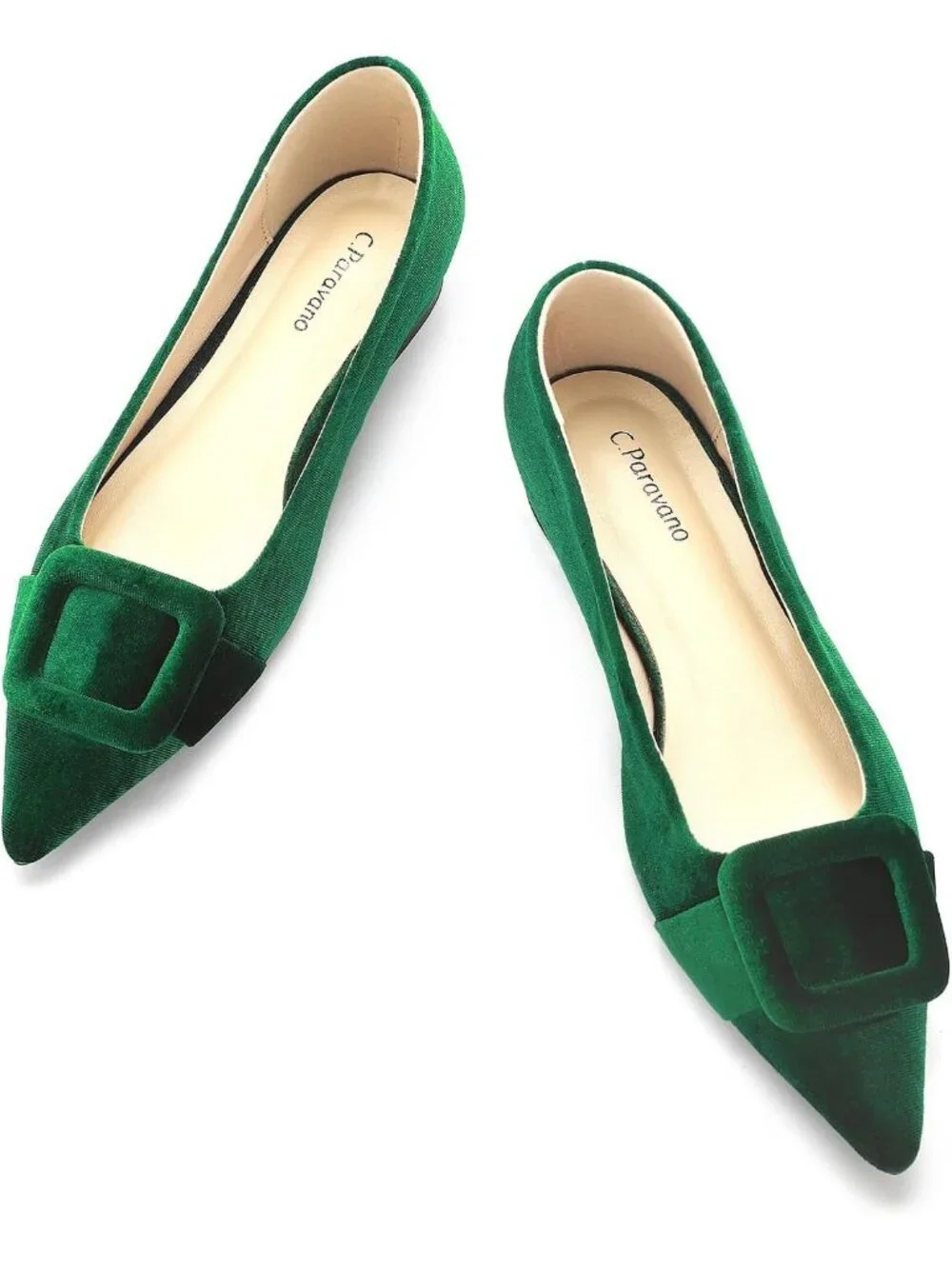 Women's Velvet Green Pointed Toe Square Buckle Flats Slip-On Comfortable Shoes